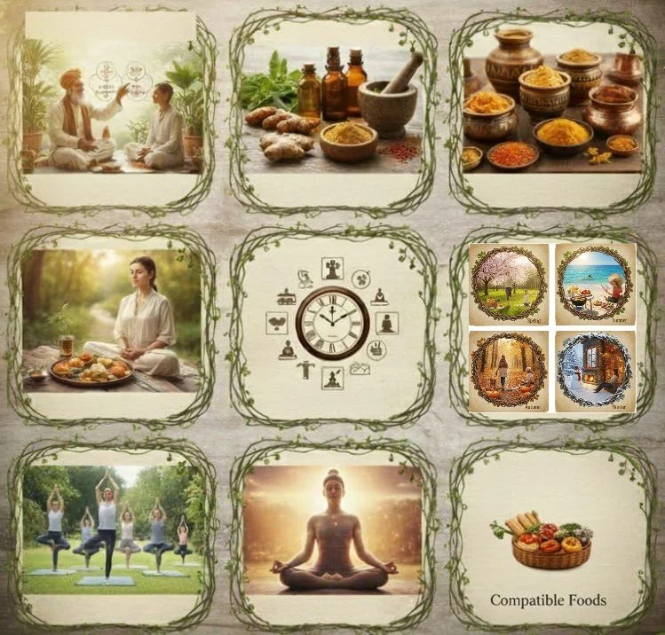 A collage of nine images related to wellness, meditation, and natural remedies, including people practicing yoga, herbal medicines, a clock with wellness icons, scenic nature scenes, and a basket of healthy foods.