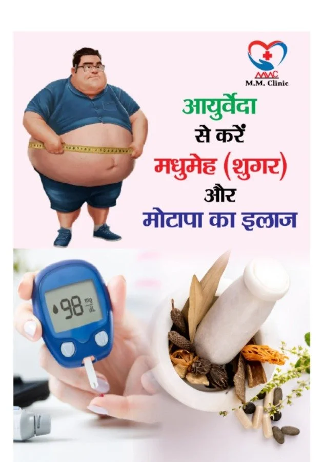 An advertisement for Ayurvedic treatment and medication for fat reduction and weight loss. Features a chubby man holding a measuring tape around his waist, a glucometer displaying 98 mg/dl, and various herbs and traditional medicines.