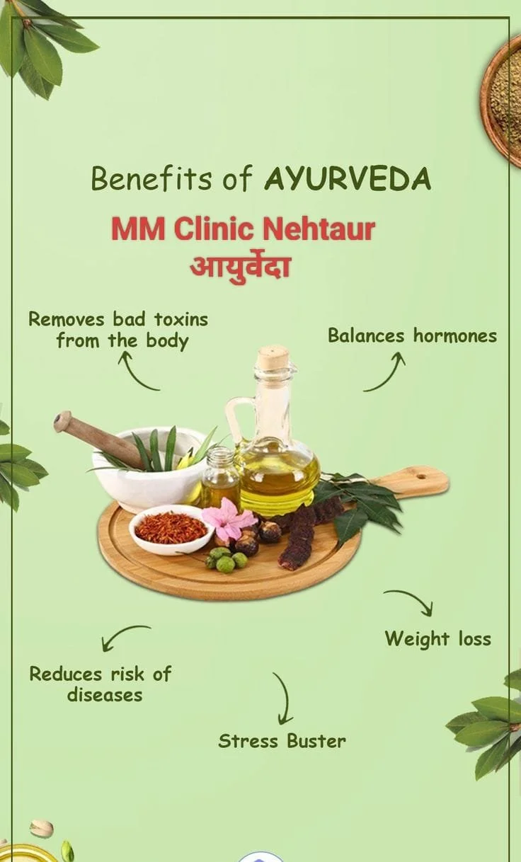 An infographic titled 'Benefits of Ayurveda' featuring aromatic oils, herbs, and spices on a wooden tray. Highlights include removing toxins, balancing hormones, weight loss, reducing disease risk, and stress relief.