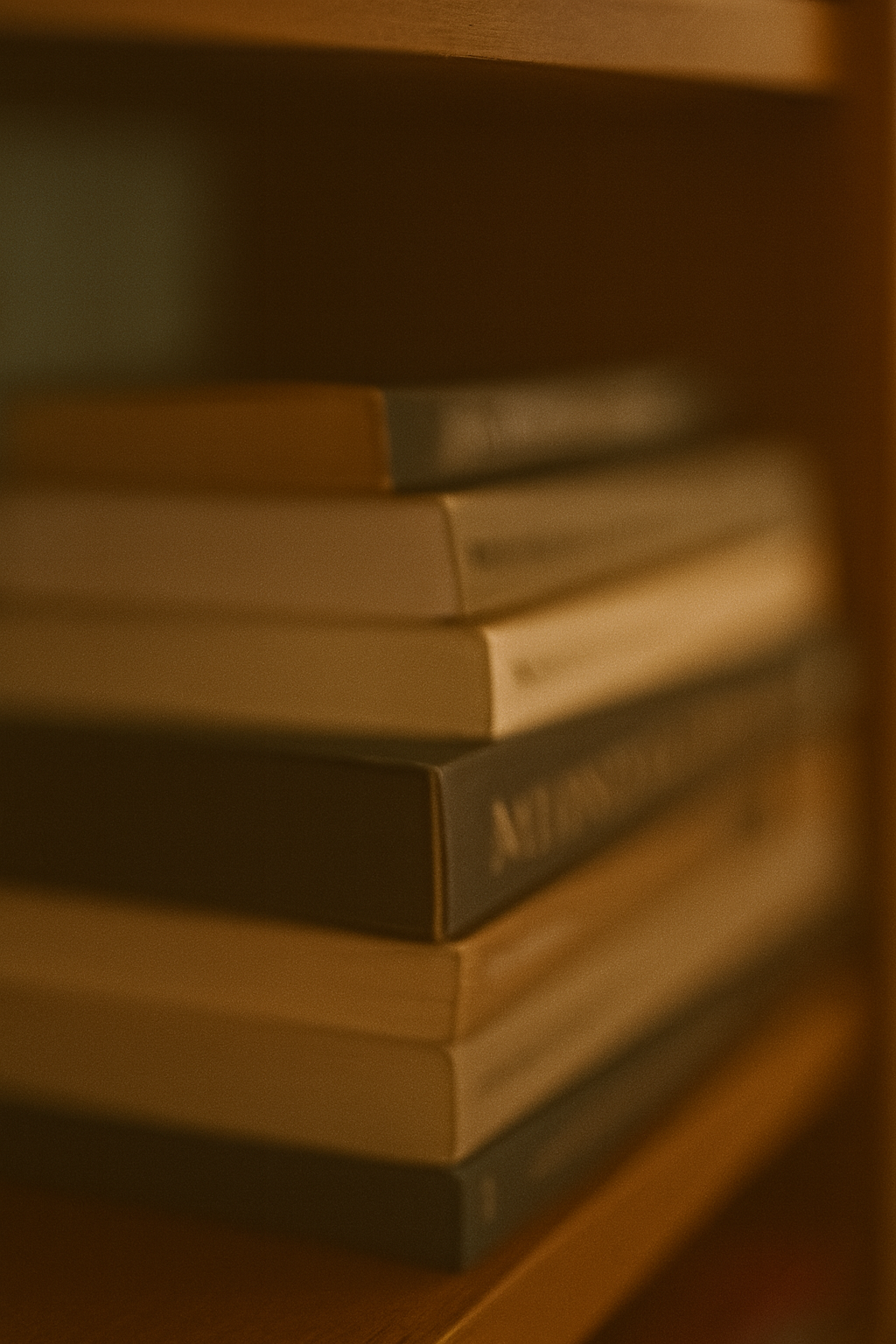 Stack of books on a wooden surface in warm, soft light.