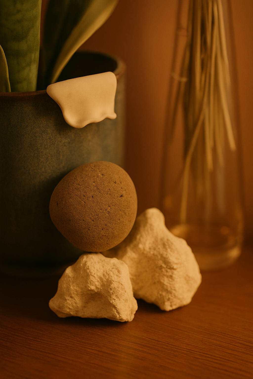Decorative arrangement of a large brown pot holding green plants, a brown sponge, a brown knobby rock, and white coral-like rocks, with a clear glass vase with tall dried plant stems in the background.