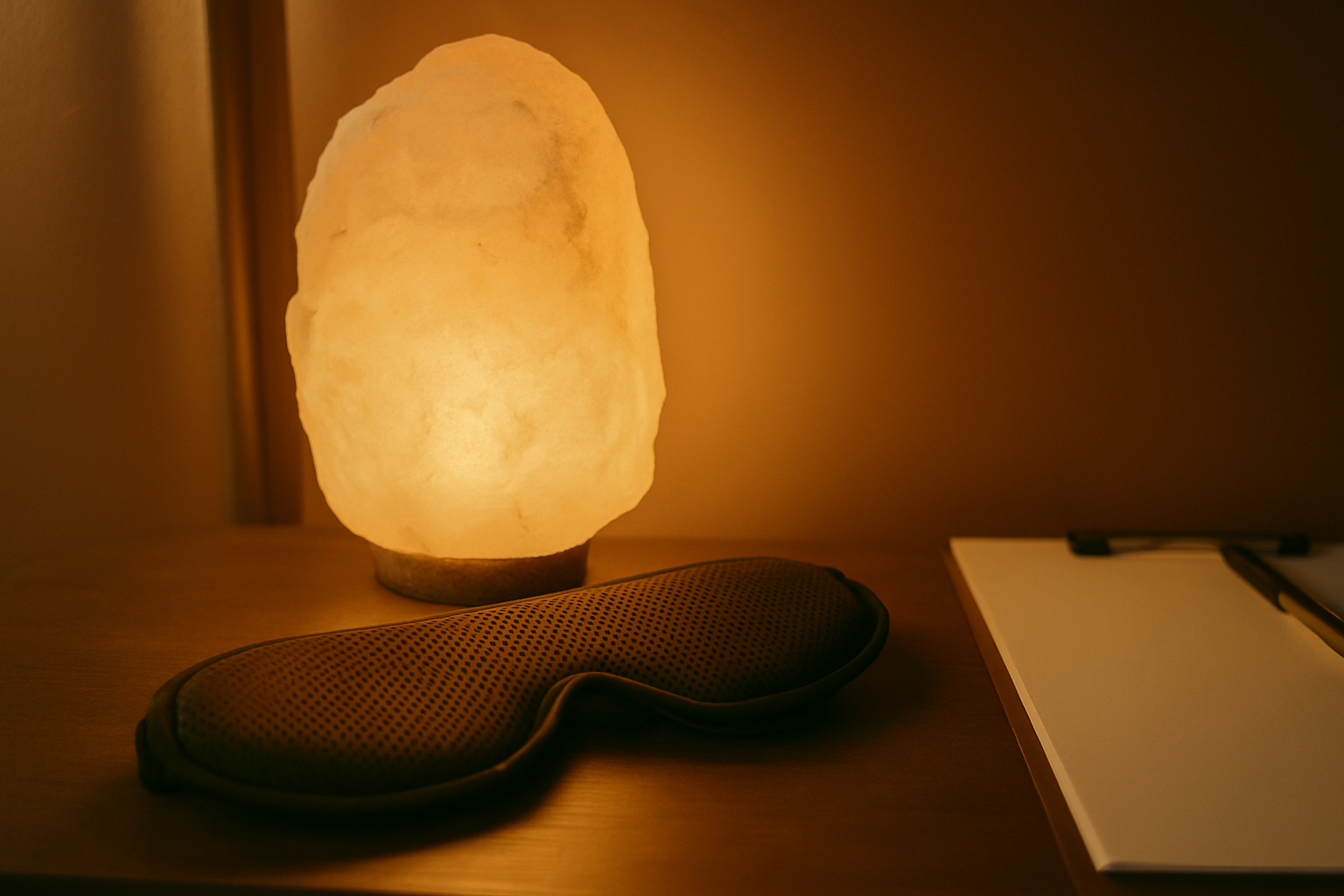 Salt lamp, sleep mask, and notebook on a wooden surface in warm lighting.