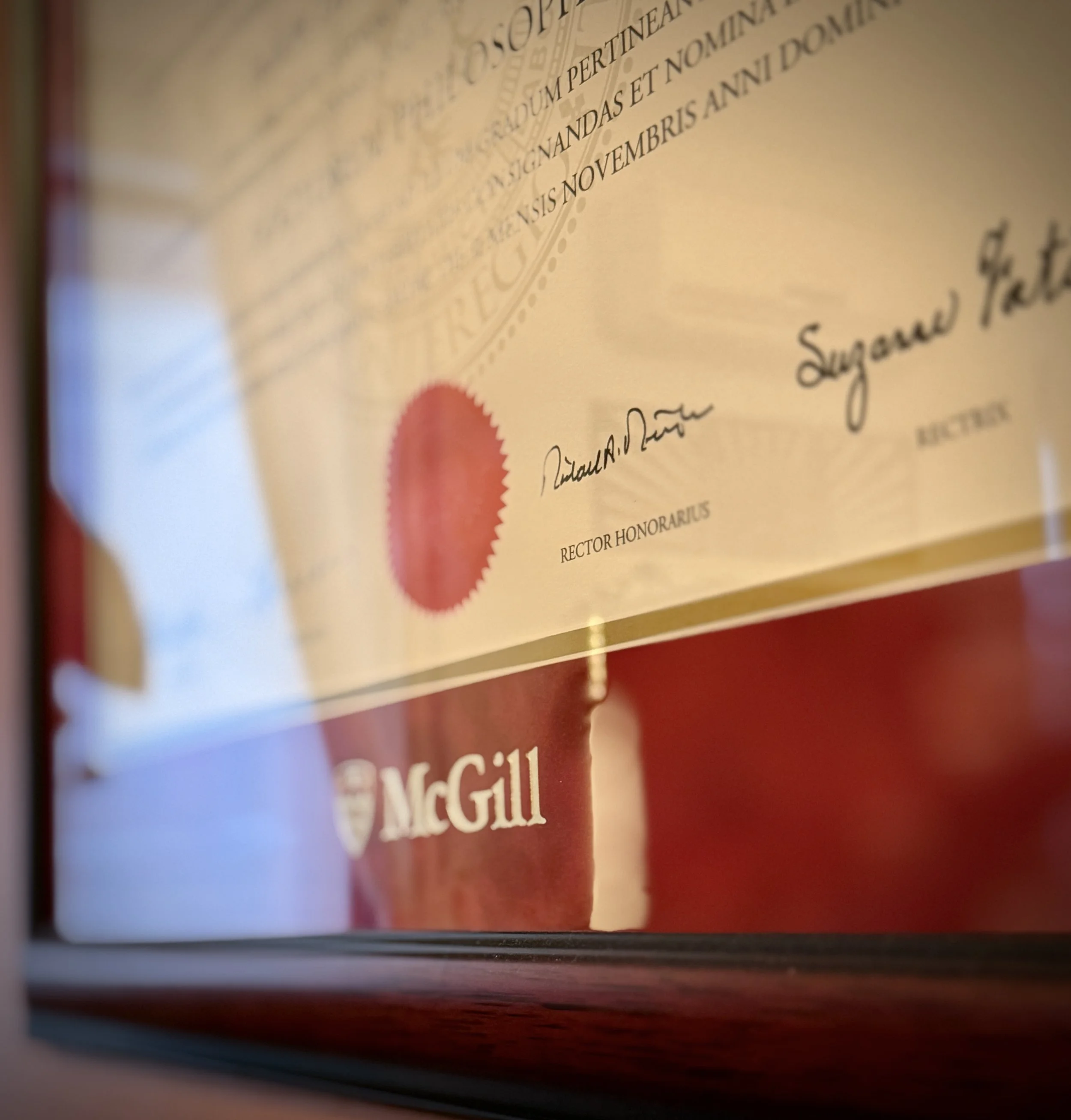A framed certificate with signatures and a red seal, displayed on a wall with a partially visible McGill University logo at the bottom.