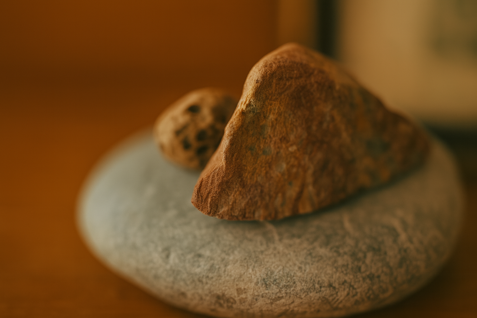 Close-up of three stacked stones with a blurred warm brown background.