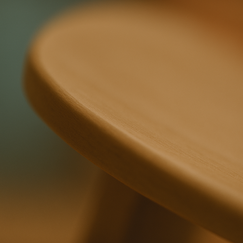 Close-up of a wooden table's rounded corner with a smooth finish.