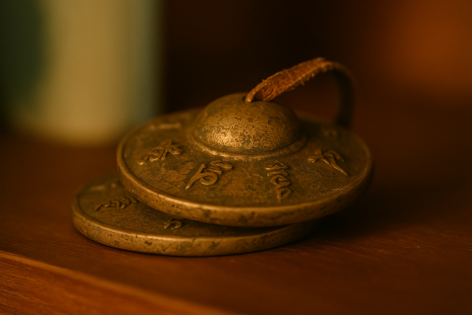 Close-up of vintage brass weighing scale weights on wooden surface, with warm lighting and blurred background.