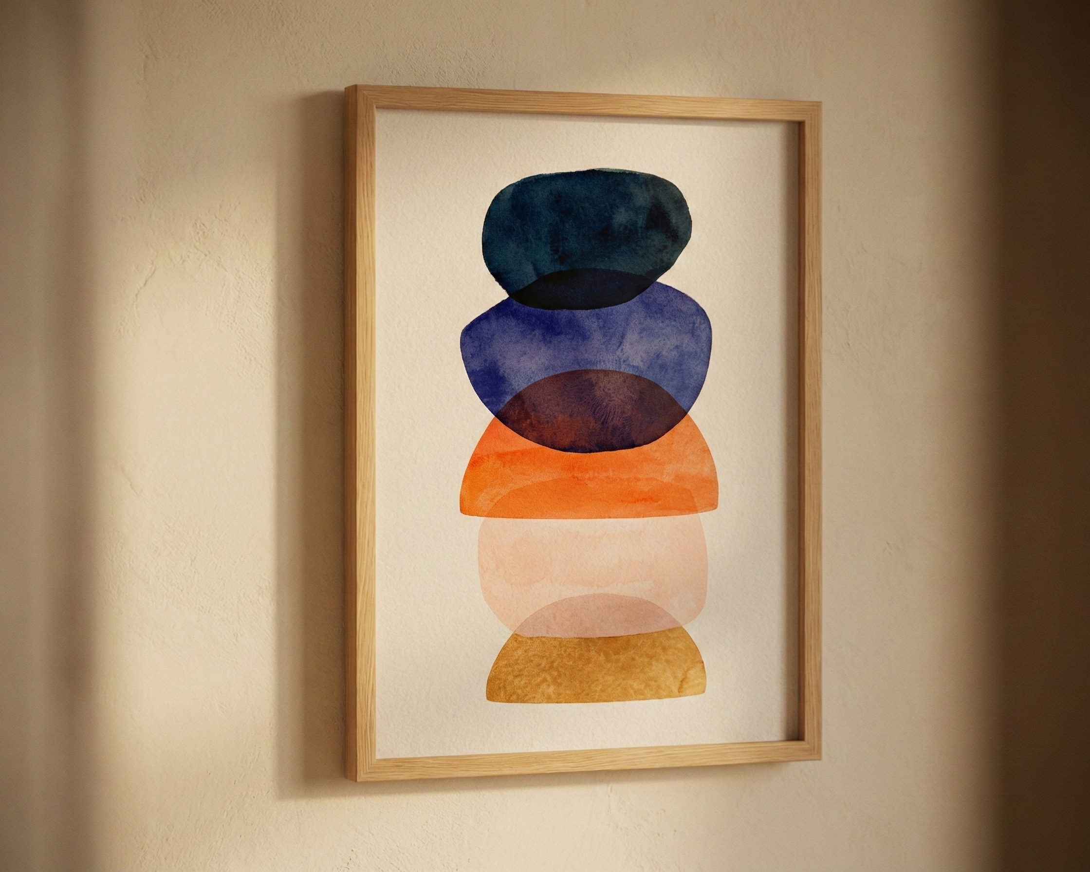 A framed abstract watercolor painting of six stacked semi-oval shapes in various colors, hung on a beige wall.
