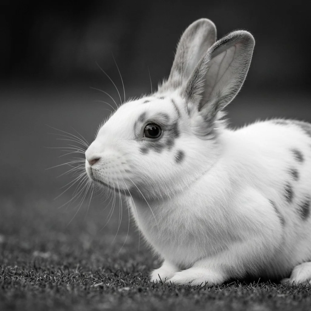 A black and white photo of a rabbit lying on grass, showing its side profile with upright ears and detailed facial features.