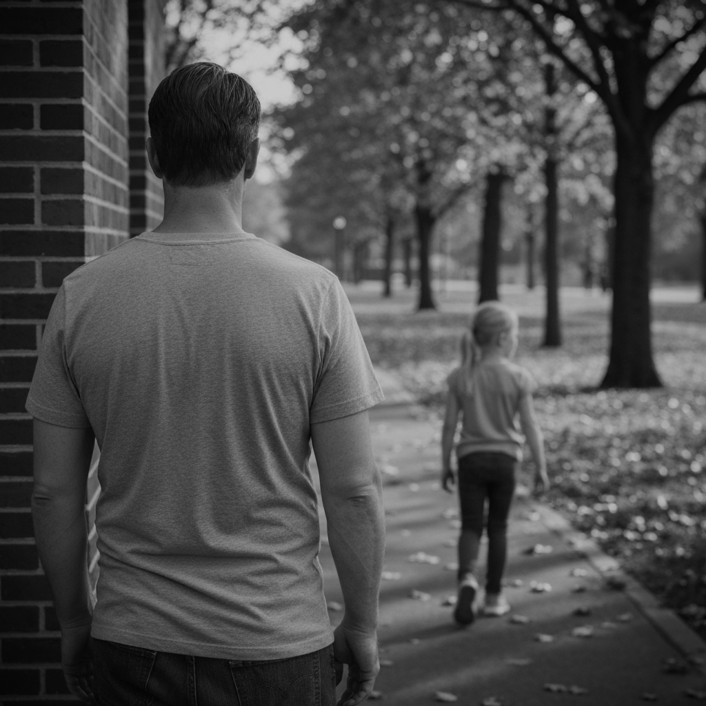 A man with short hair, wearing a plain t-shirt, standing next to a brick wall, looking at a young girl walking away on a tree-lined sidewalk in a park.