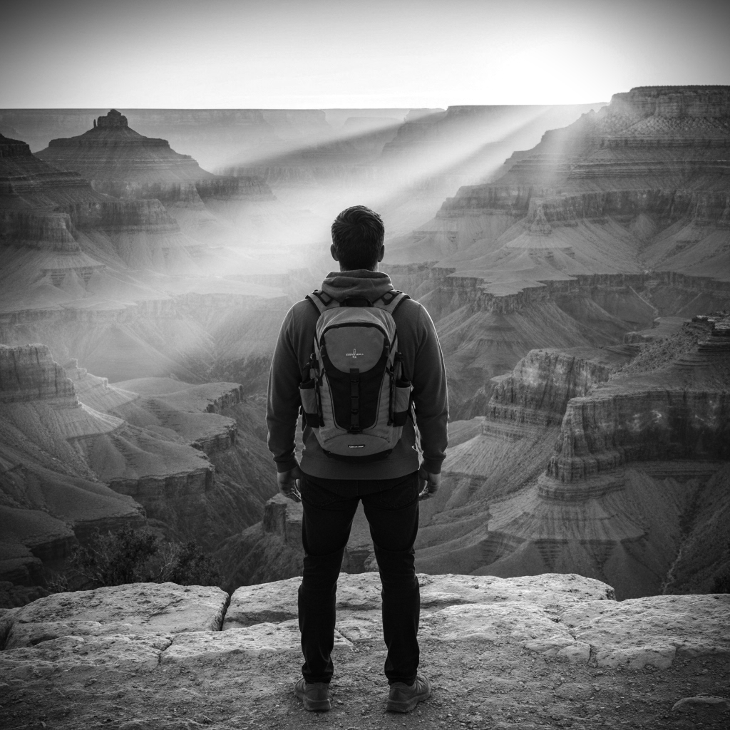 A man standing on a rocky ledge overlooking the Grand Canyon during sunrise or sunset, with sunlight rays illuminating the canyon.
