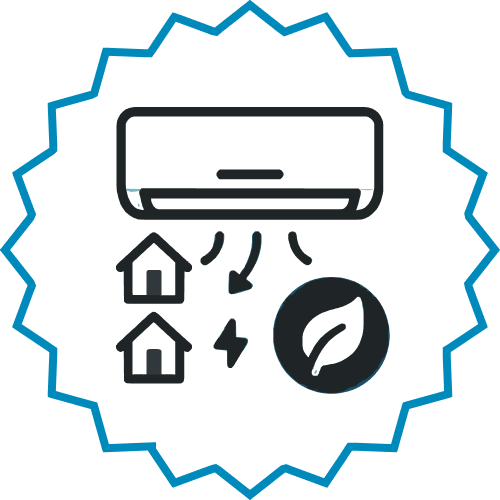 Air conditioner with icons of houses, a lightning bolt, and a leaf, indicating energy-efficient cooling and eco-friendliness.
