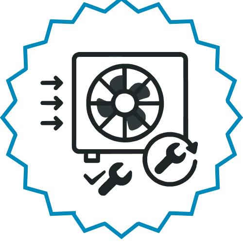 A logo with a fan inside a square, arrows pointing at the fan from the left, a wrench icon, and a circular arrow surrounding a wrench, all enclosed in a jagged blue border.