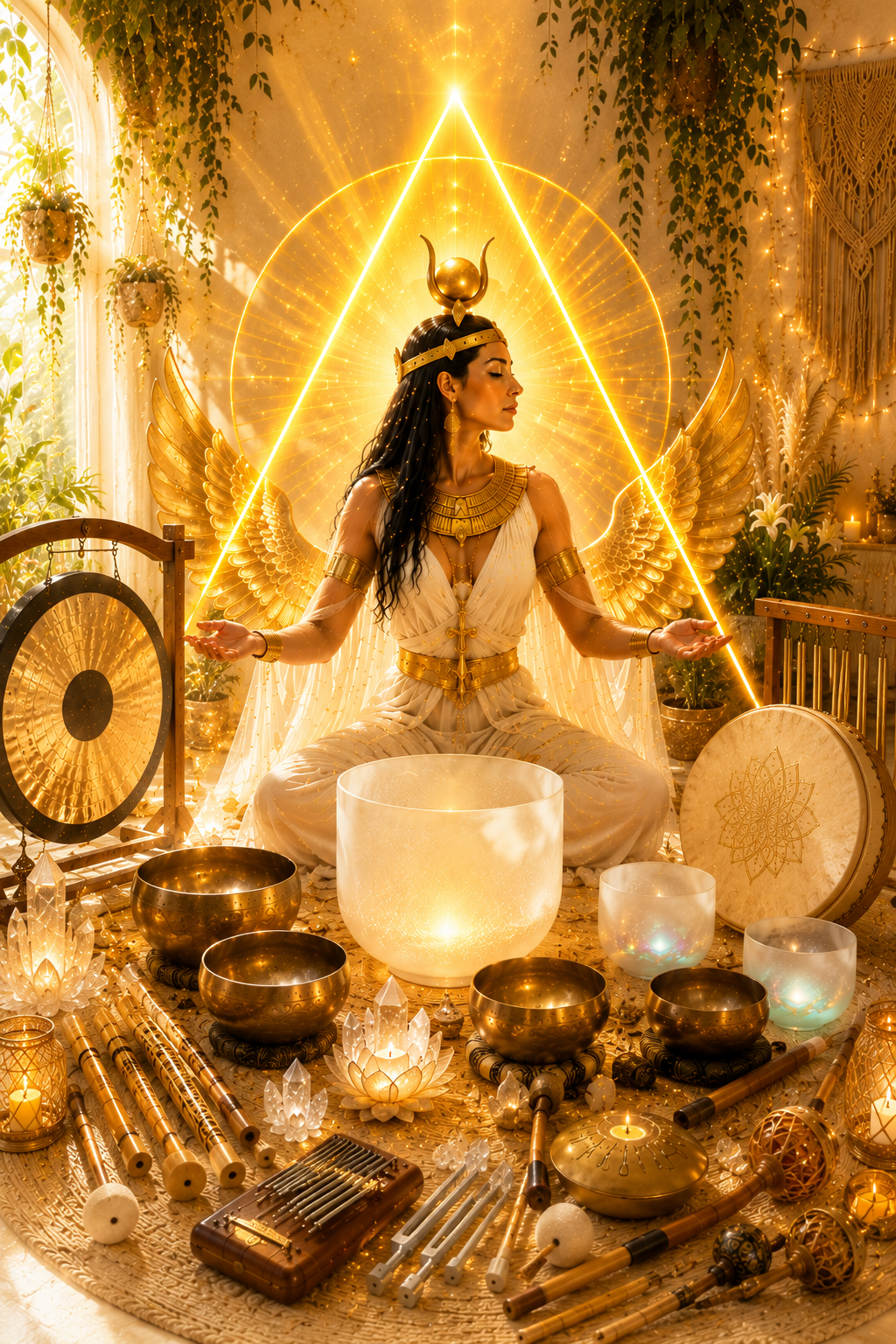 Une femme habillée en style égyptien ancien avec des ailes dorées installée dans un décor lumineux et doré, entourée de cymbales, bols, tambours, cristaux, chandelles et plantes, dans une ambiance sacrée et enchantée.