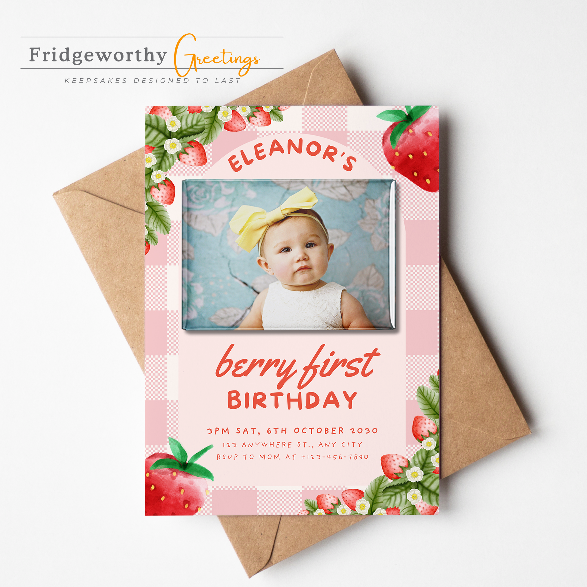 Berry First Party - First Birthday Invitation + Keepsake Custom Photo Magnet for Canadian Families