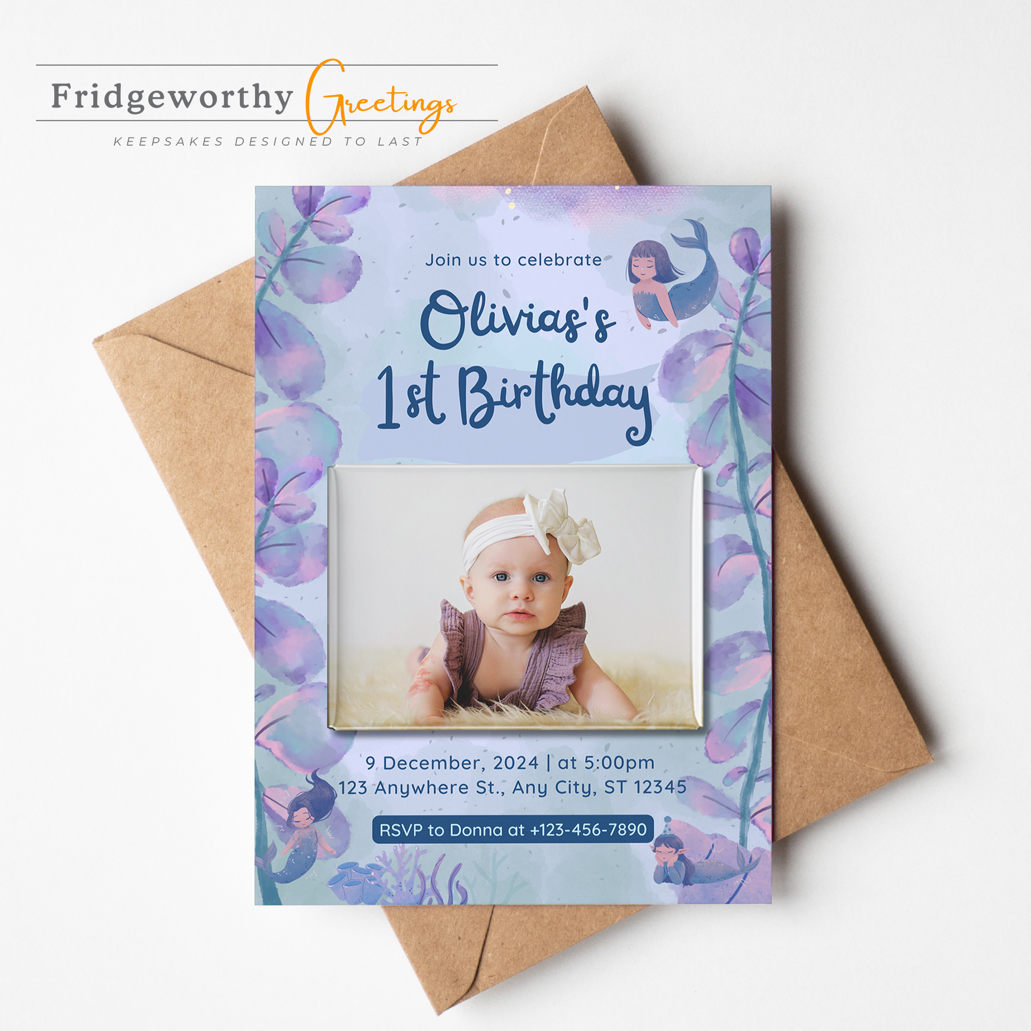 Pacific Pearl One - First Birthday Invitation + Keepsake Custom Photo Magnet for Canadian Families