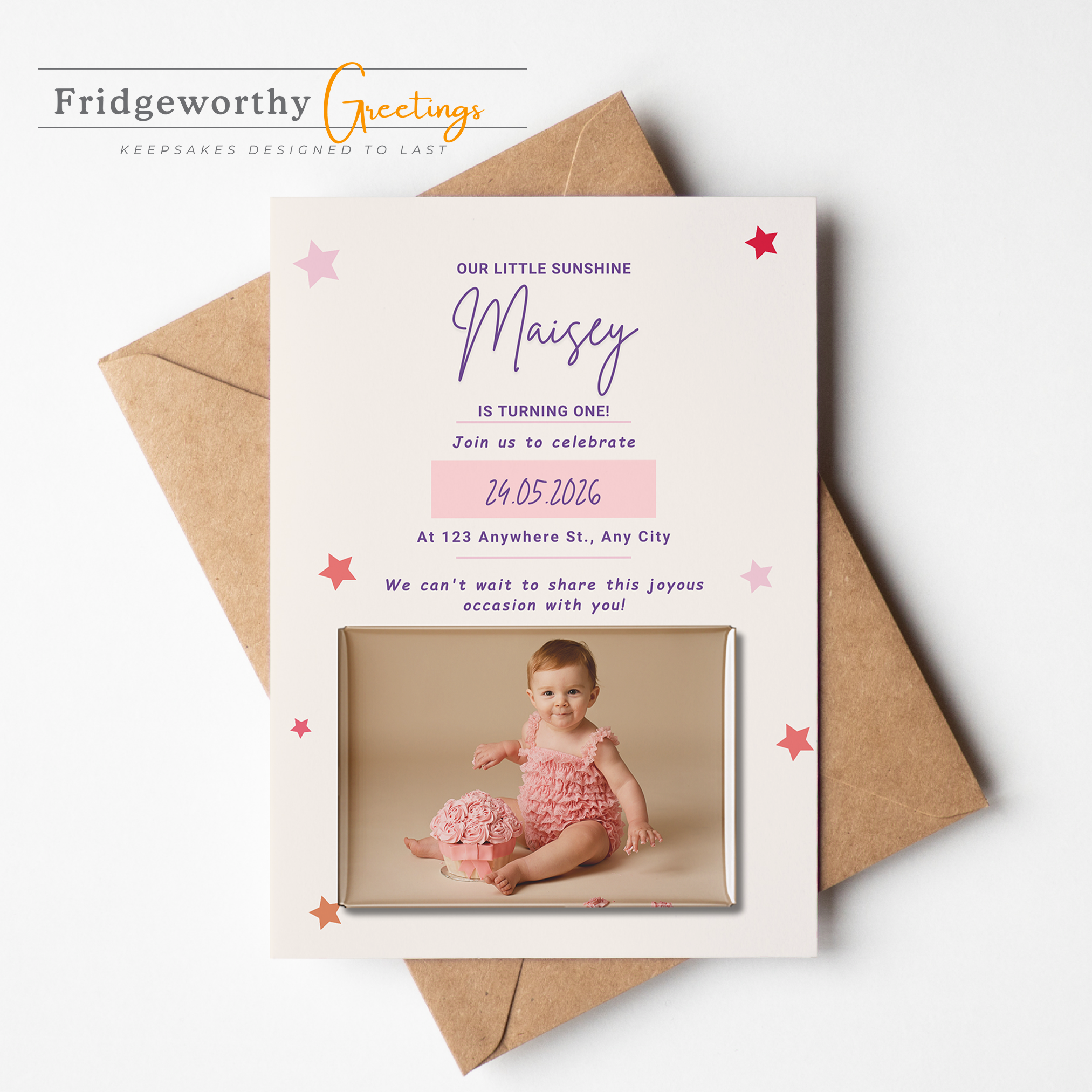 Little Starshine One - First Birthday Invitation + Keepsake Custom Photo Magnet for Canadian Families