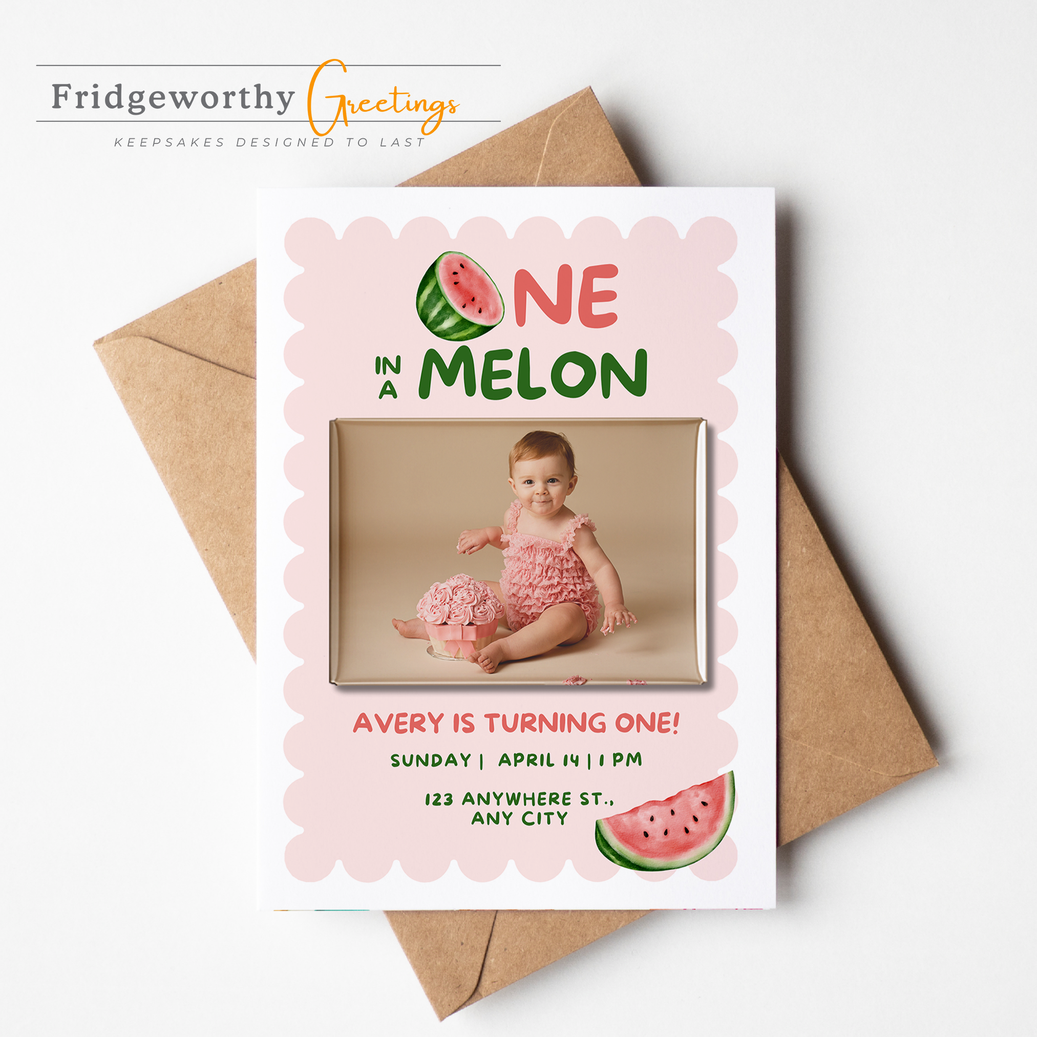 One in a Melon - First Birthday Invitation + Keepsake Custom Photo Magnet for Canadian Families