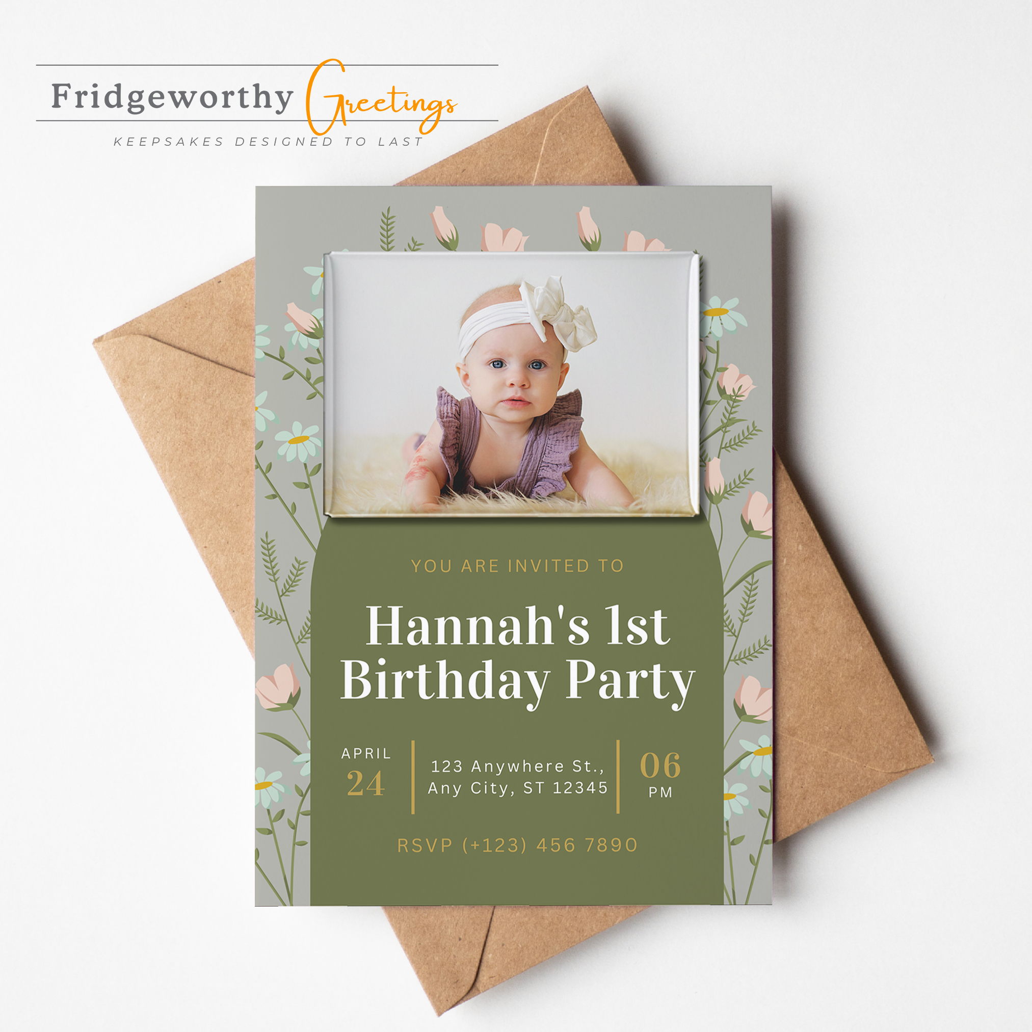 Prairie One - First Birthday Invitation + Keepsake Custom Photo Magnet for Canadian Families