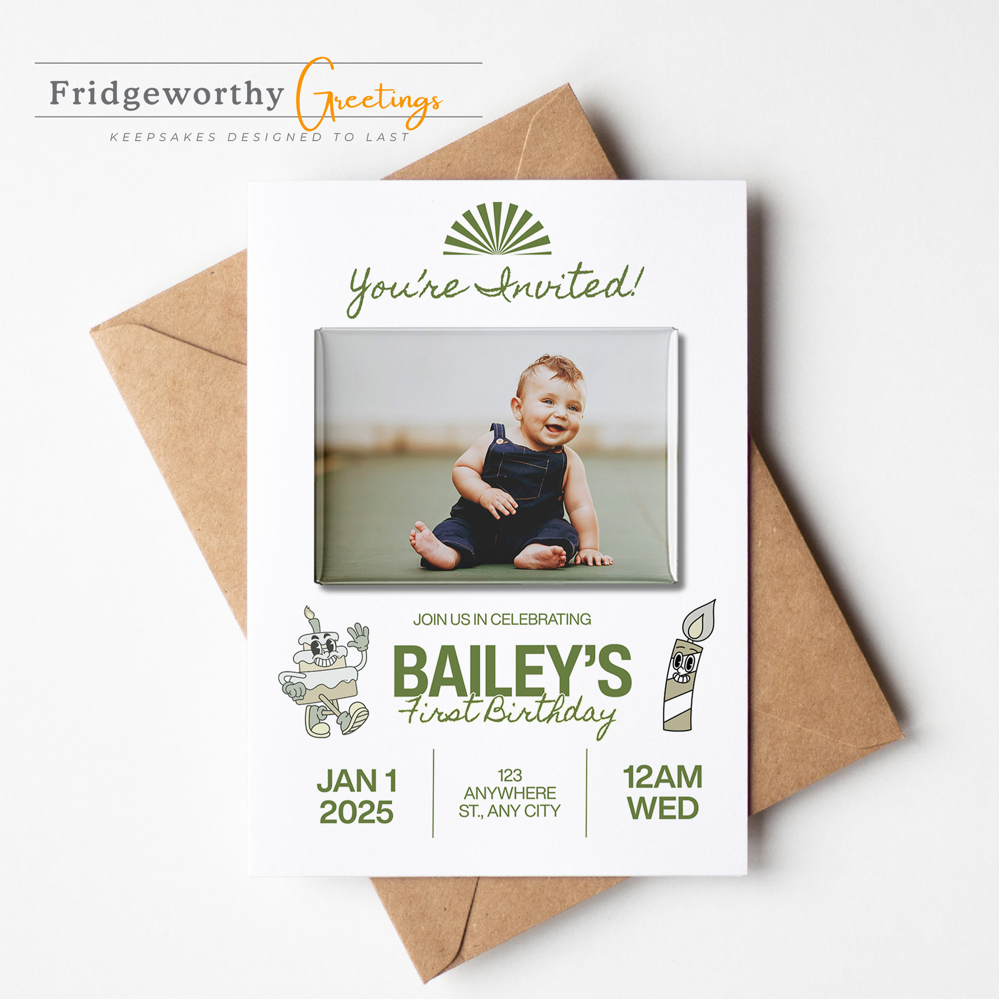Cabin Party One - First Birthday Invitation + Keepsake Custom Photo Magnet for Canadian Families