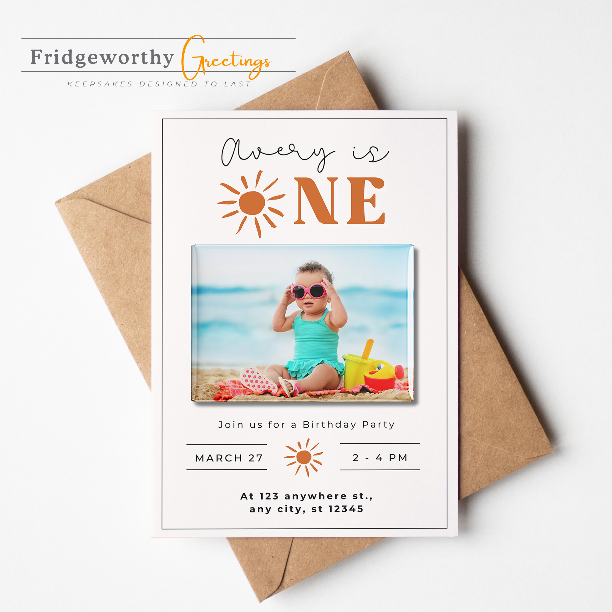 Okanagan Sun One - First Birthday Invitation + Keepsake Custom Photo Magnet for Canadian Families