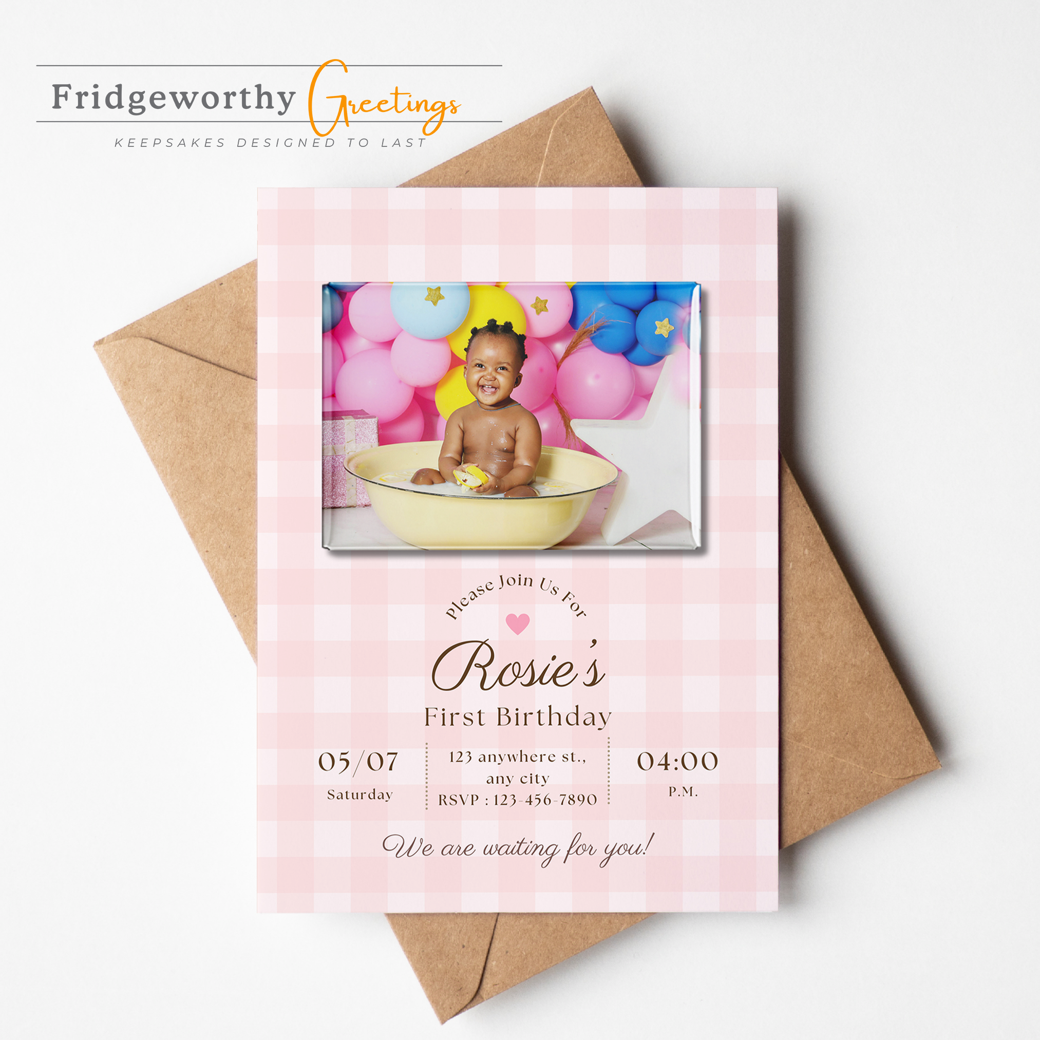 Pink Picnic One - First Birthday Invitation + Keepsake Custom Photo Magnet for Canadian Families