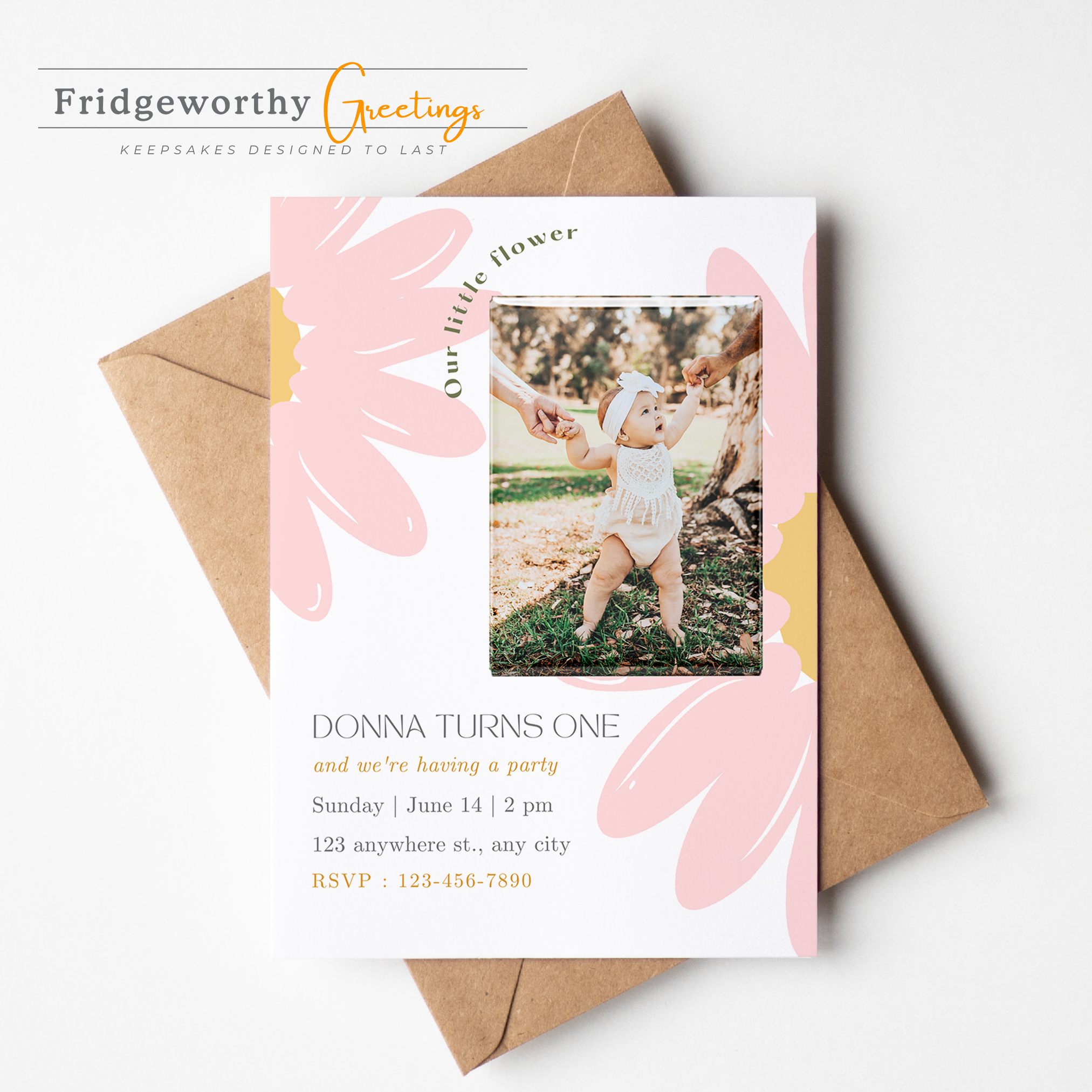 Little Bloom - First Birthday Invitation + Keepsake Custom Photo Magnet for Canadian Families