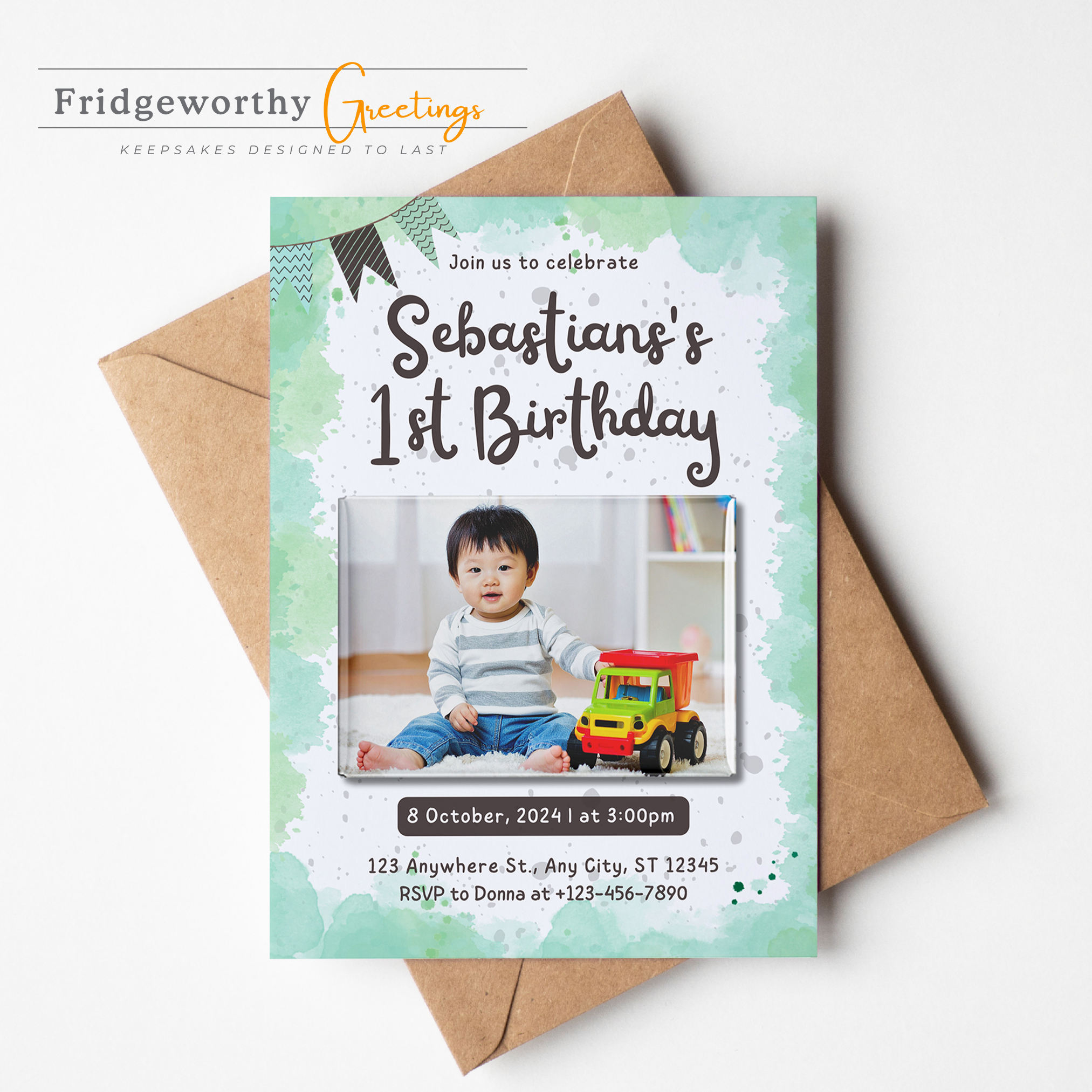 Sea Green - First Birthday Invitation + Keepsake Custom Photo Magnet for Canadian Families