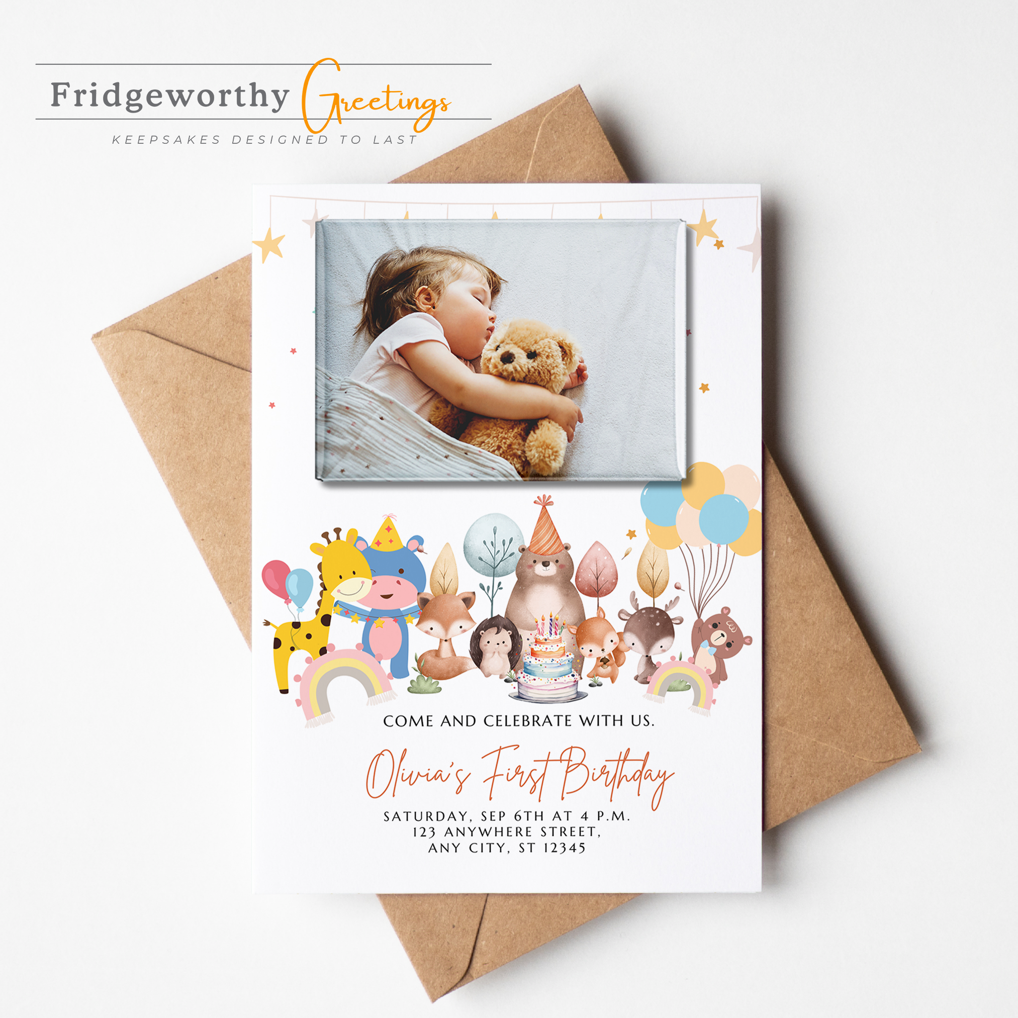 The Maple Meadow One - First Birthday Invitation + Keepsake Custom Photo Magnet for Canadian Families