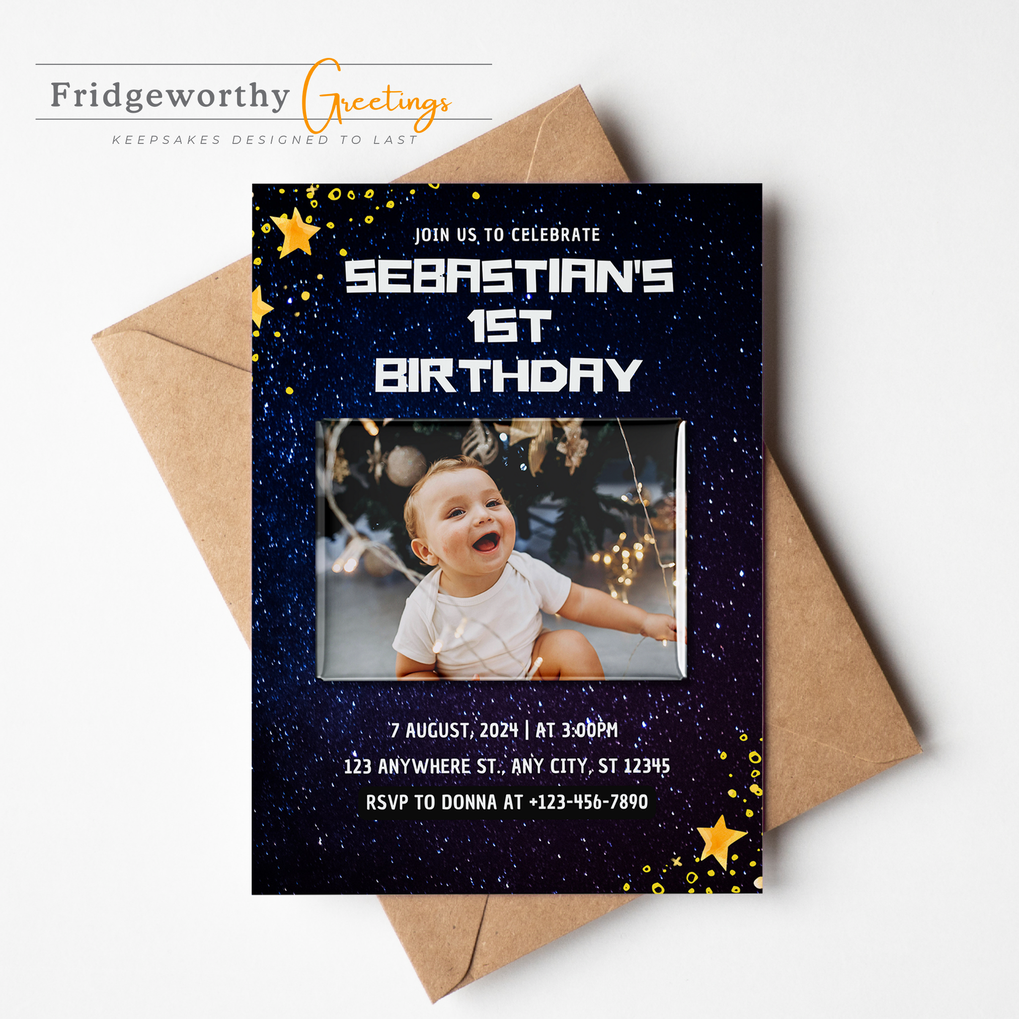 The Cosmic One - First Birthday Invitation + Keepsake Custom Photo Magnet for Canadian Families