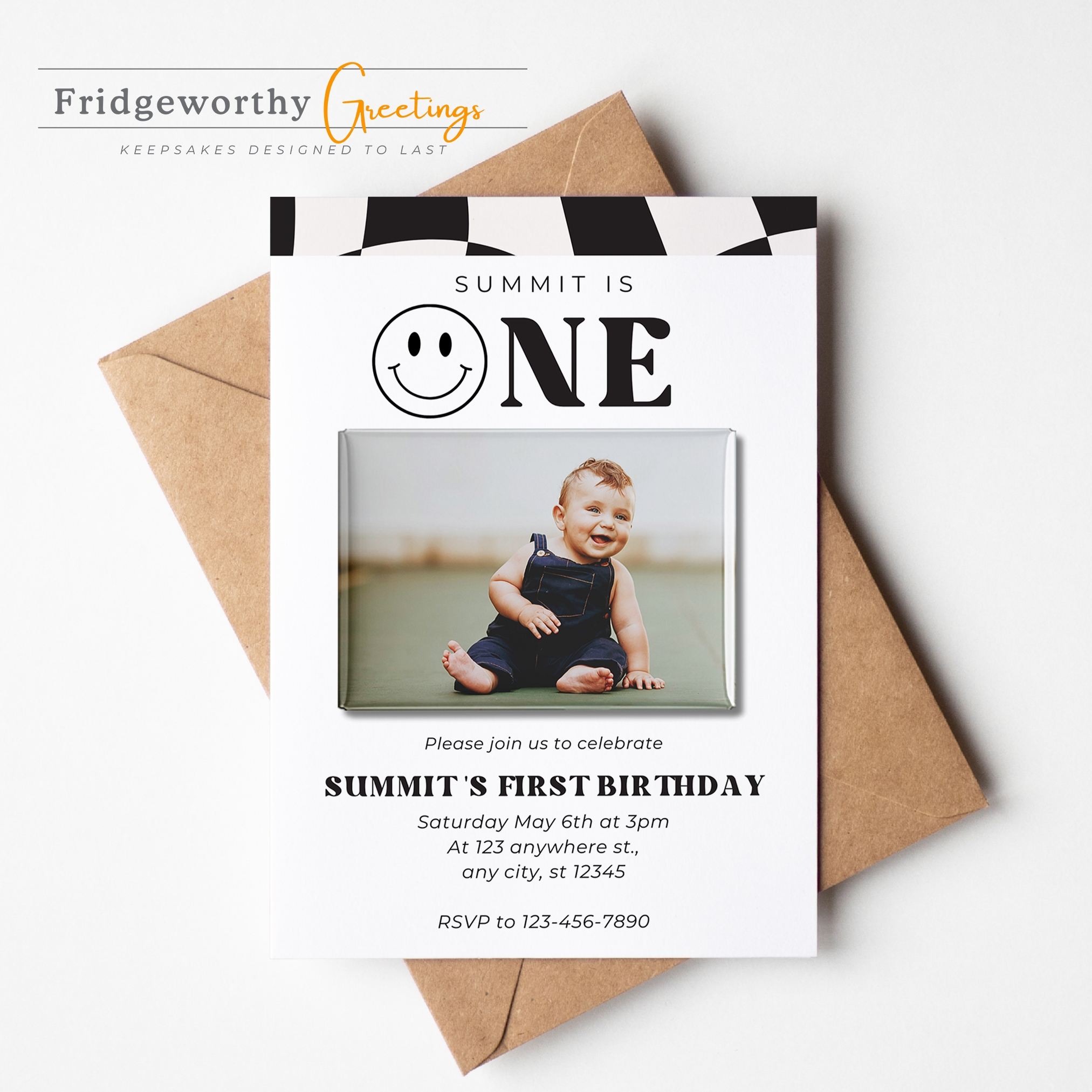 Summit One - First Birthday Invitation + Keepsake Custom Photo Magnet for Canadian Families