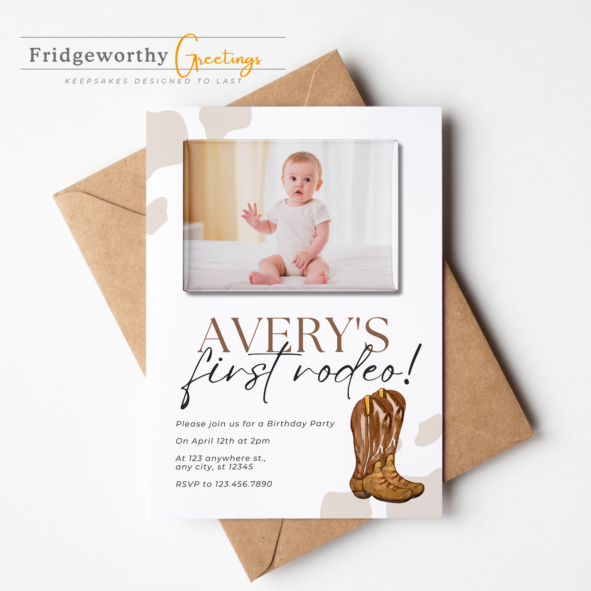 Little Rancher One - First Birthday Invitation + Keepsake Custom Photo Magnet for Canadian Families