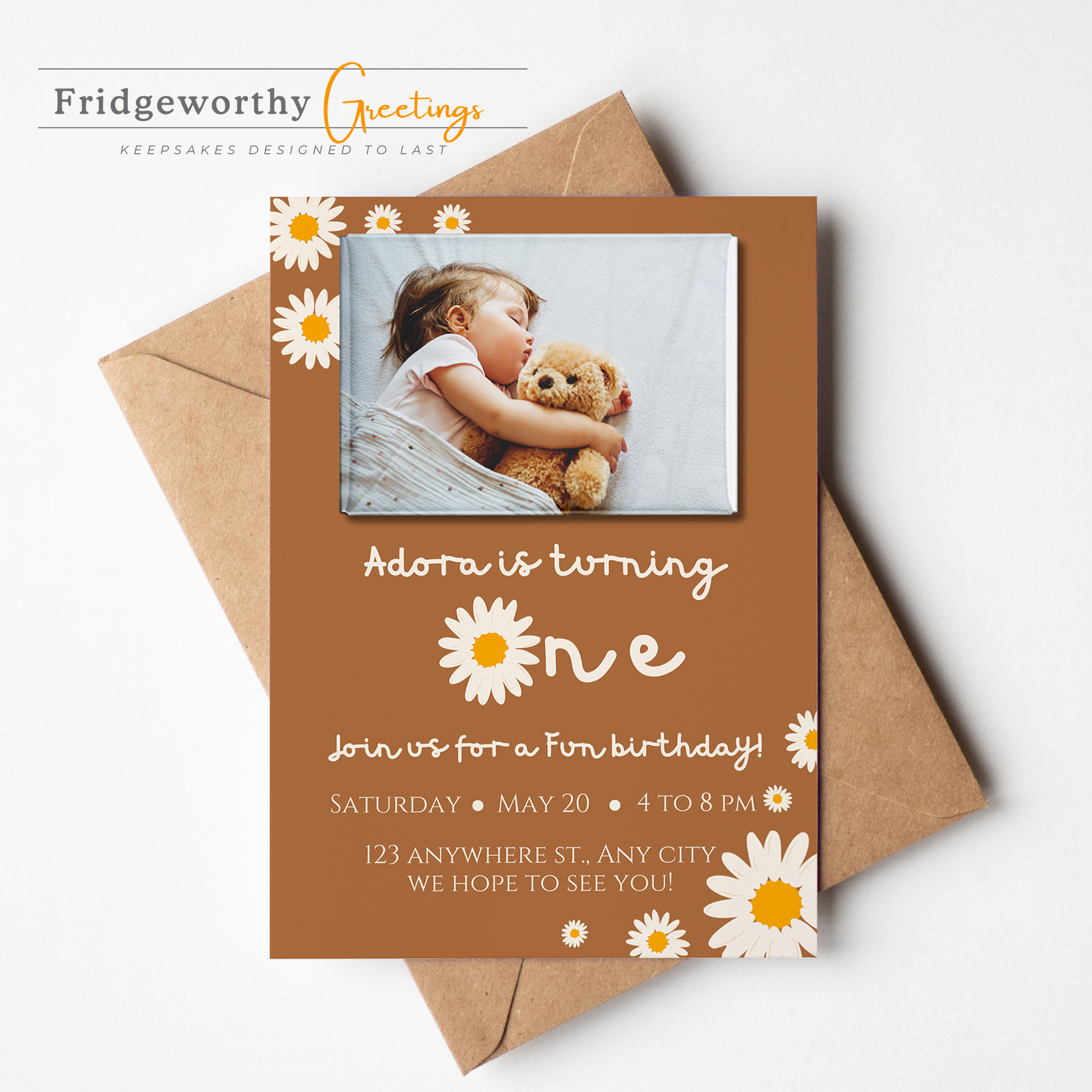 Harvest Daisy One - First Birthday Invitation + Keepsake Custom Photo Magnet for Canadian Families