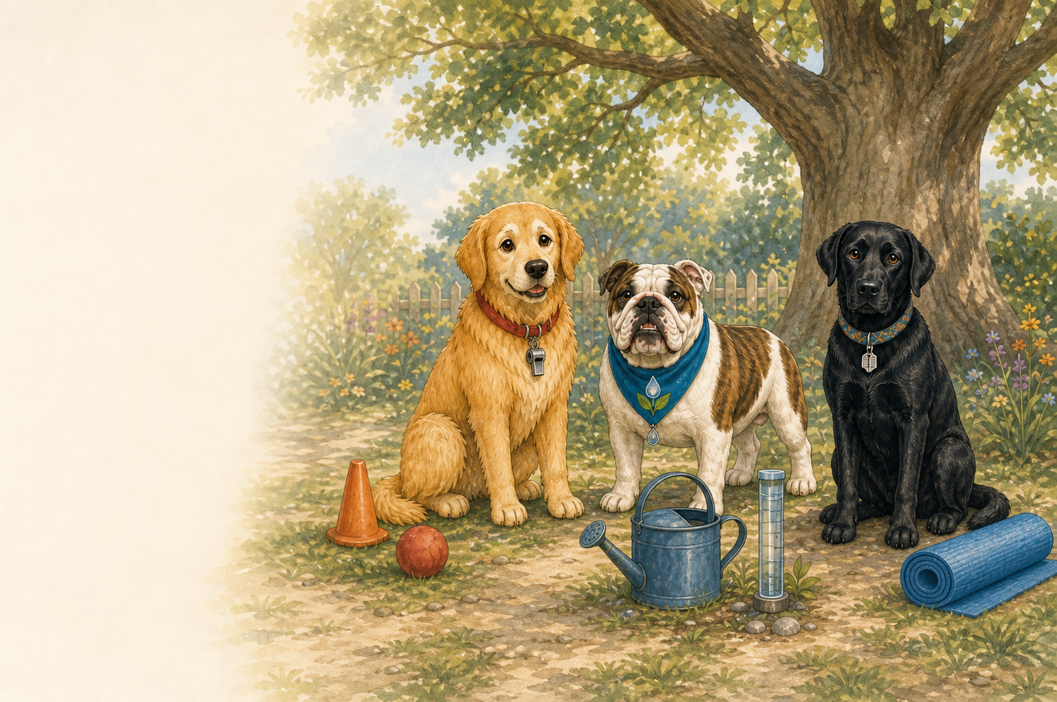Sunshine Puppy School staff: Coach Maple, Mavis, and Suri beside the Great Oak