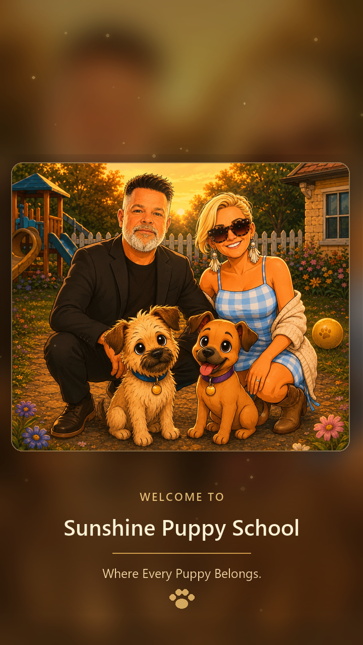 Timothy and Colleen Conway with Scamp and Lady at Sunshine Puppy School, where every puppy belongs