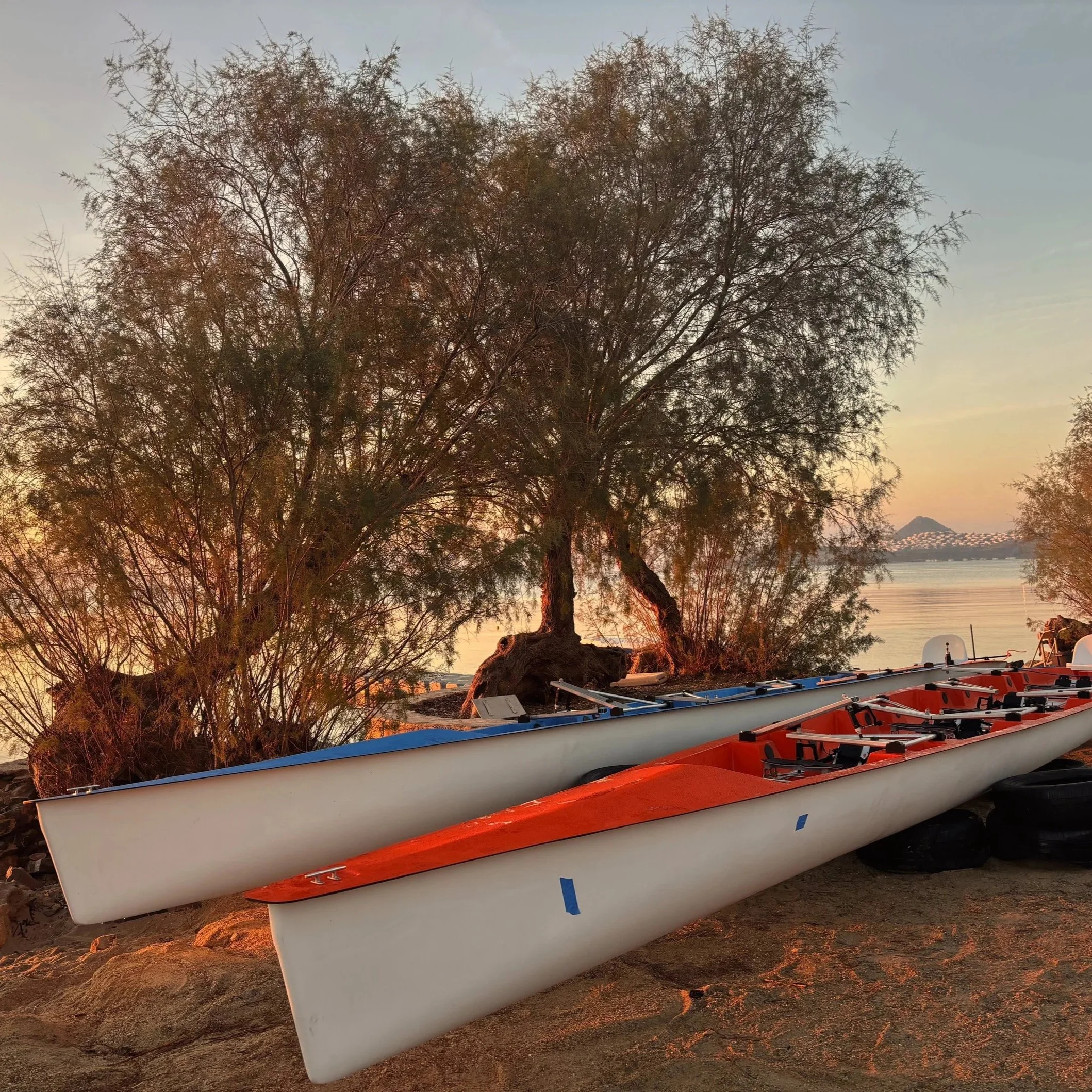 Coastal rowing boats resting on the shore at sunrise in Bodrum
