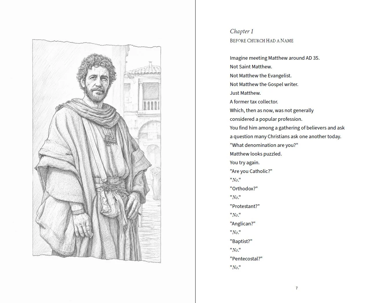 First chapter pencil drawing of apostle Matthew and Page 1 of the book.