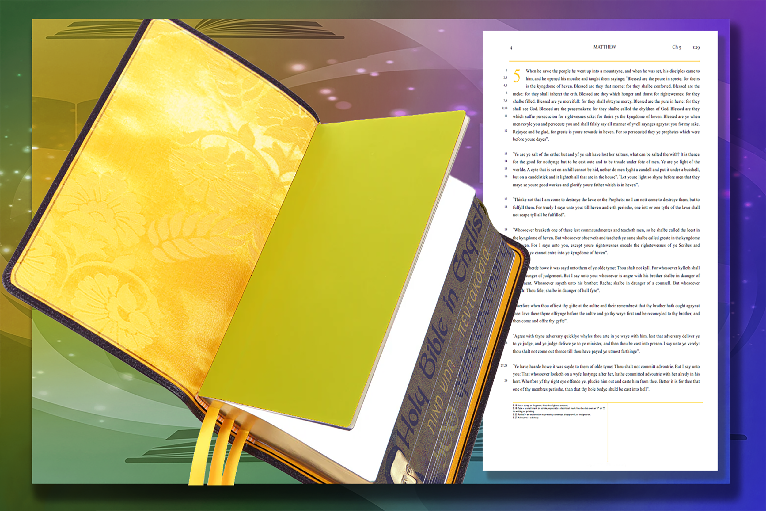 Glowing golden Paisley pattern endpaper, deep mustard gold flyleaf.