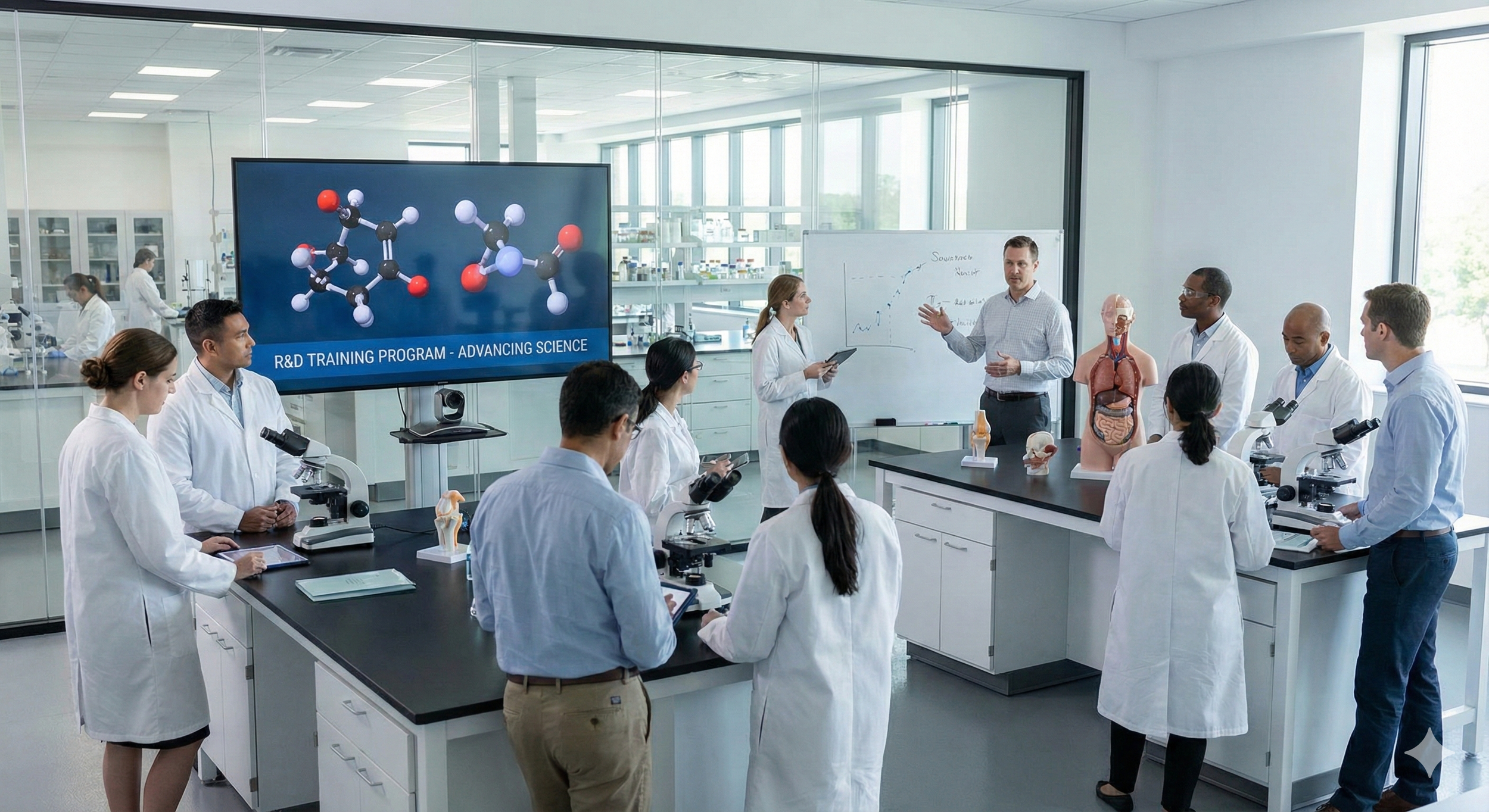 A group of scientists and researchers in a laboratory classroom, attending a presentation on molecular science. There is a large digital screen displaying molecular structures and the text 'R&D Training Program - Advancing Science'. The presenter is explaining, surrounded by models of human organs and microscopes on the tables.