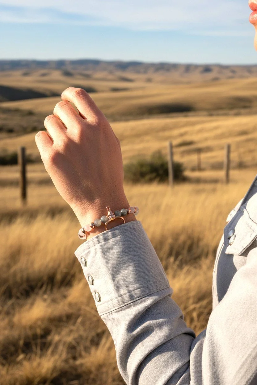cowgirl wearing a beaded western bull skull bracelet with rose quartz and cloudy quartz.
