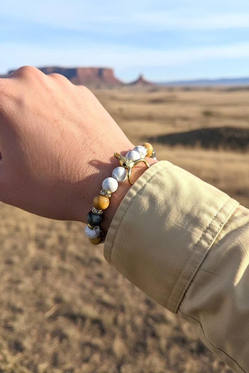 woman wearing a gold bull skull western bracelet with beaded gold and white stones