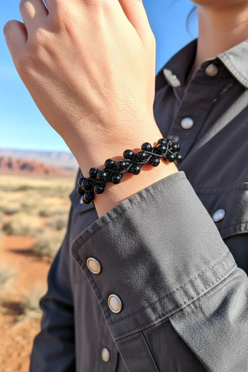 cowgirl showing her macramé black onyx bracelet on her wrist