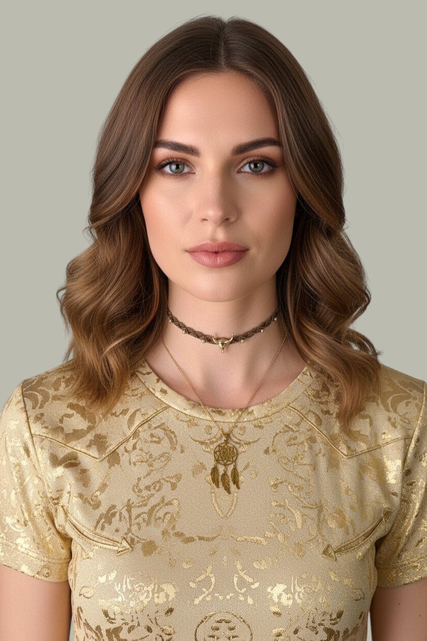 model wearing a bull skull macrame choker layered with a dreamcatcher necklace, western styling
