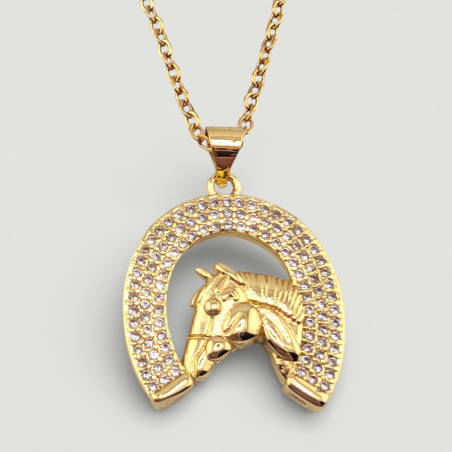 Rhinestone Horseshoe Necklace with Horse Centerpiece - Gold