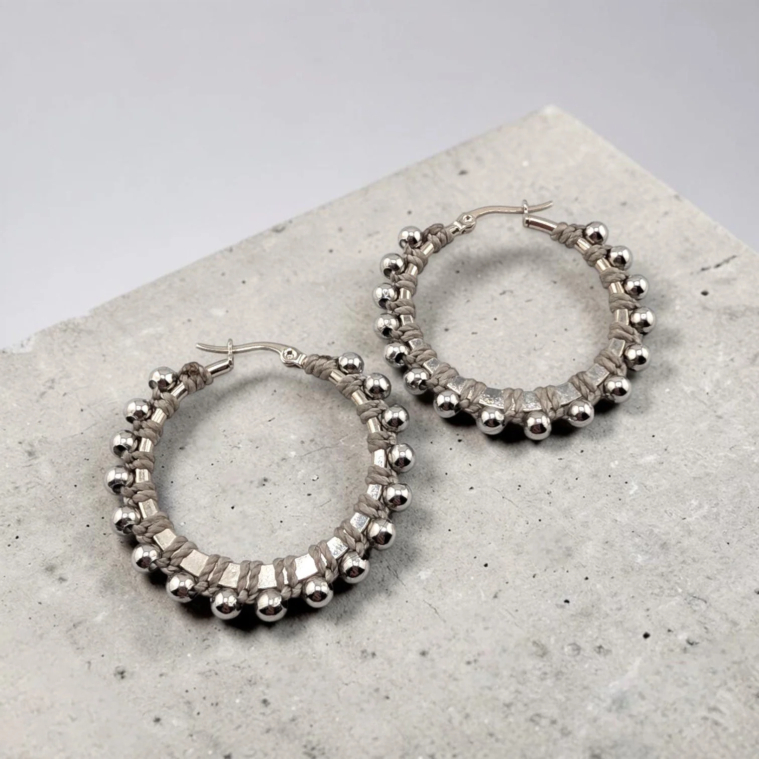 Ghost Gray Beaded Hoop Earrings - Silver