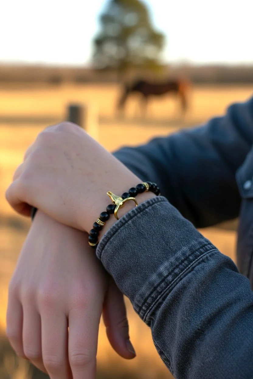 dainty black onyx bull skull beaded western bracelet with rhinestone spacers