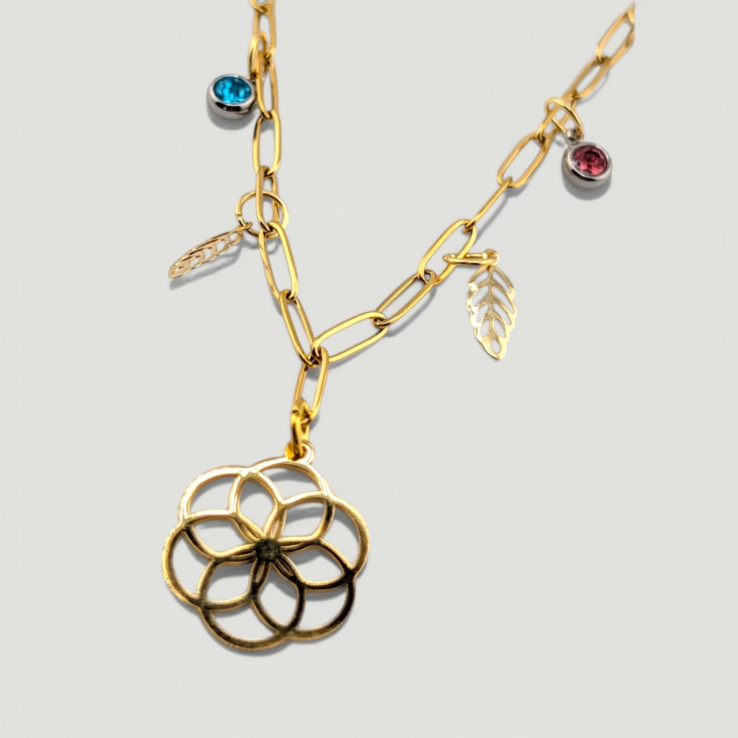 seed of life gold stainless steel paperclip charm necklace close up of pendant and leaves