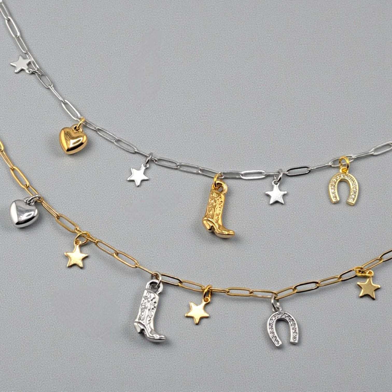 Cowboy Boot & Horseshoe Charm Necklace - Gold or Silver