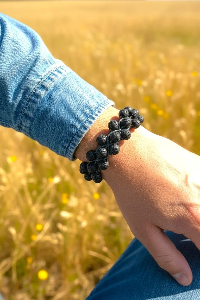 black lava bracelet on the wrist of a man