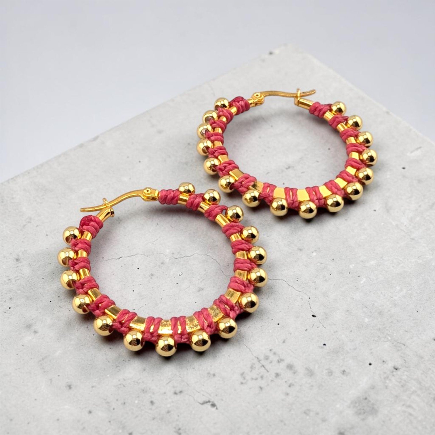 Desert Sunset Pink Beaded Hoop Earrings - Gold