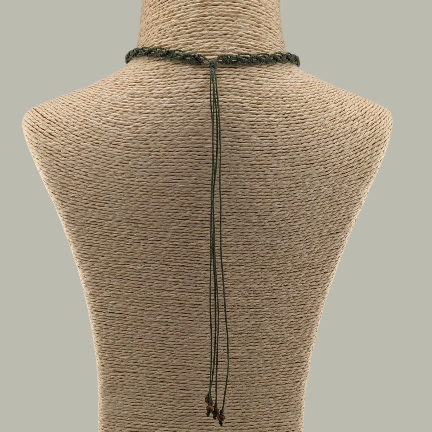 Full rear view of tiger eye macrame woven choker